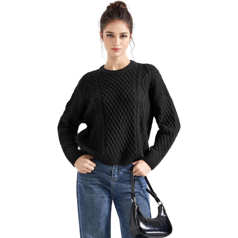 Women Oversized Cable Knit Sweater Fall Long Sleeve Crew Neck Pullover